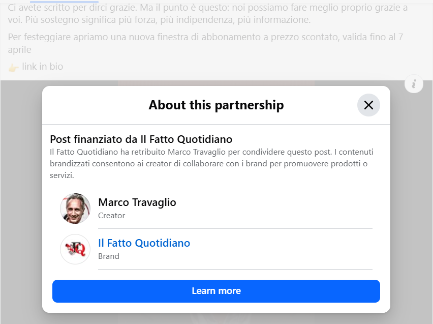 Post sponsorizzato di Travaglio per abbonamento al Fatto Quotidiano